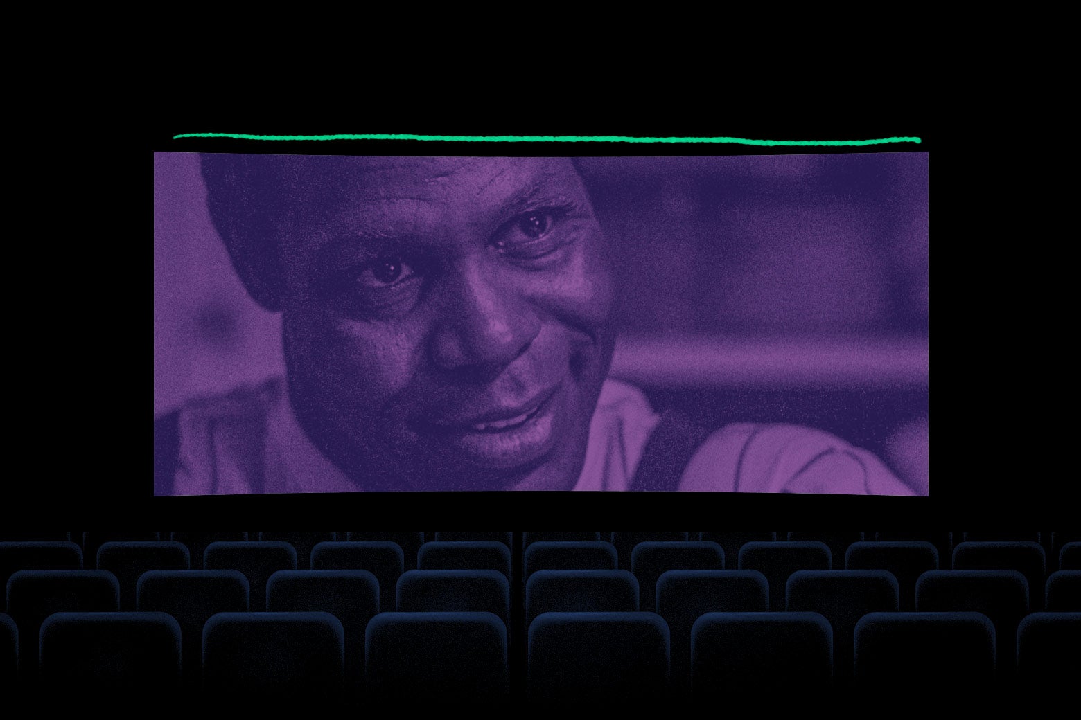 An empty movie theater shows Danny Glover's face.