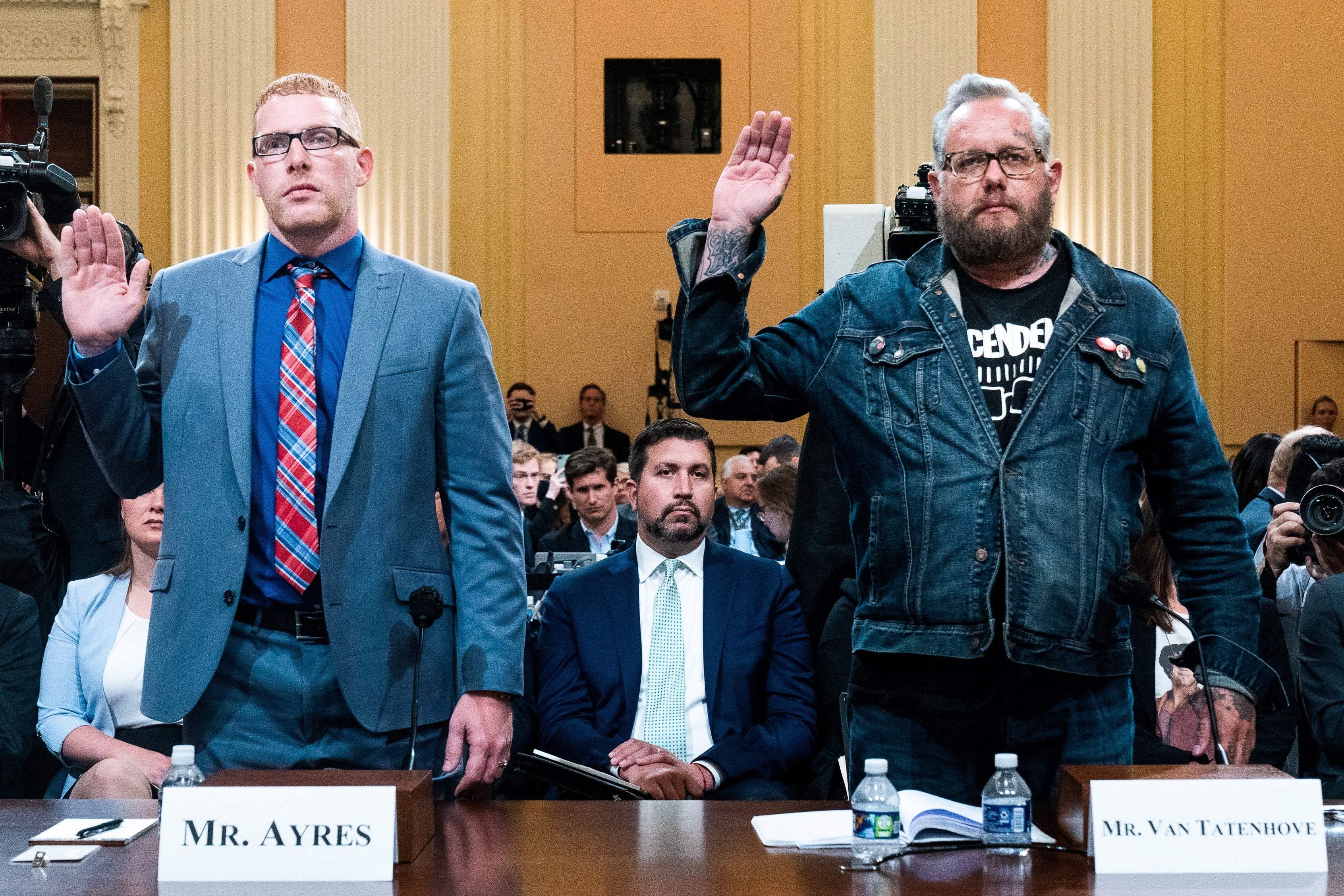 Stephen Ayres, a participant in the January 6 attack on the Capitol, and Jason Van Tatenhove, a former spokesperson for the Oath Keepers, testified in the House Jan. 6 hearing on July 12.