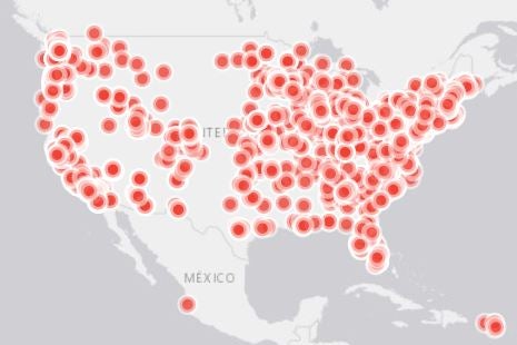Map of United States with thousands of dots showing where protests are taking place.