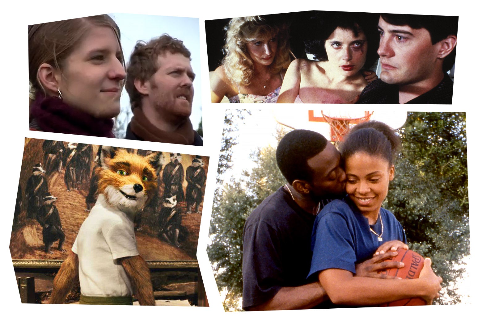 Clockwise: A still from Once; a still from Blue Velvet; a still from Love & Basketball; and a still from Fantastic Mr. Fox.