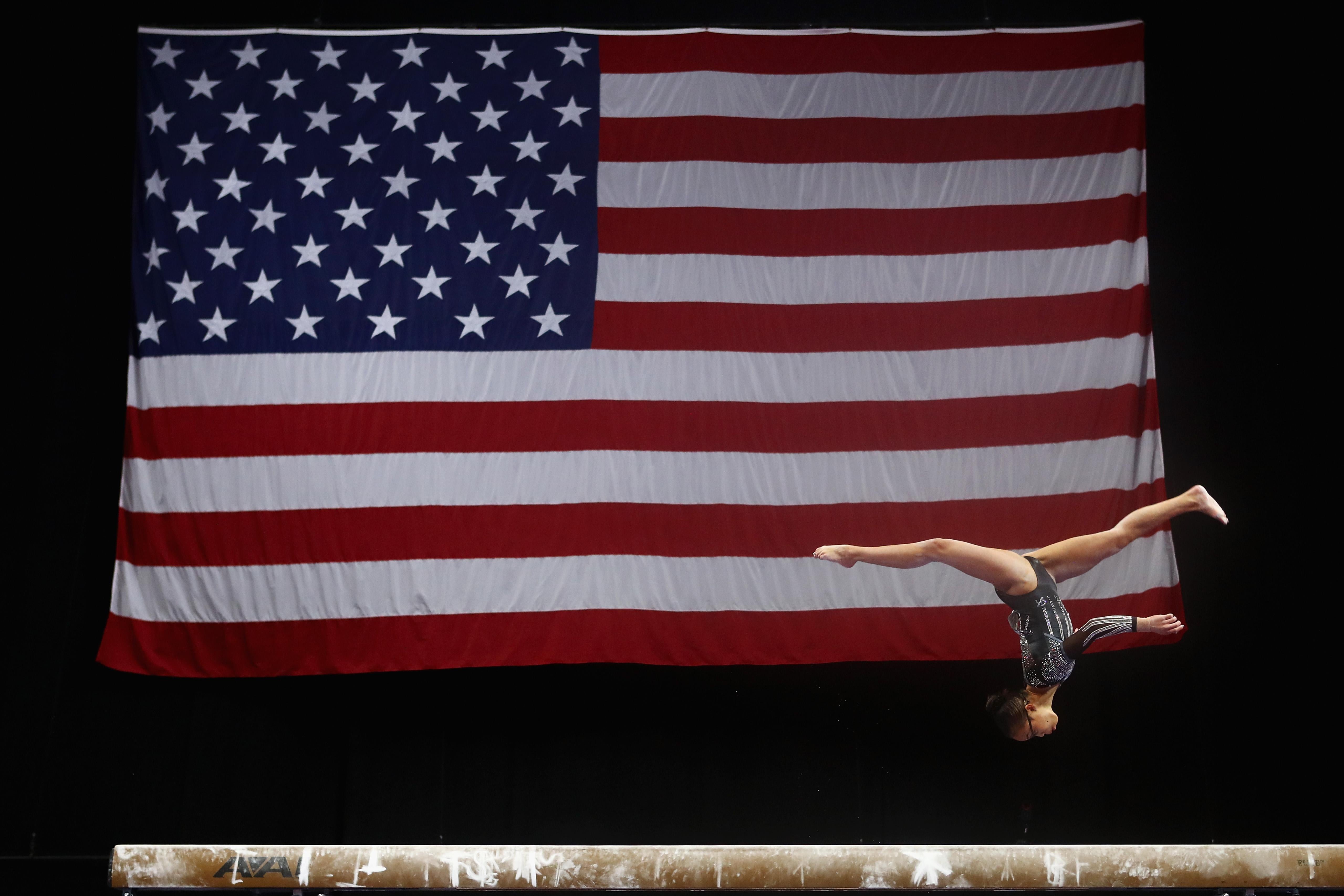 An American gymnast on the balance beam during the U.S. Gymnastics Championships on Aug. 19, 2018 in Boston, Massachusetts. 