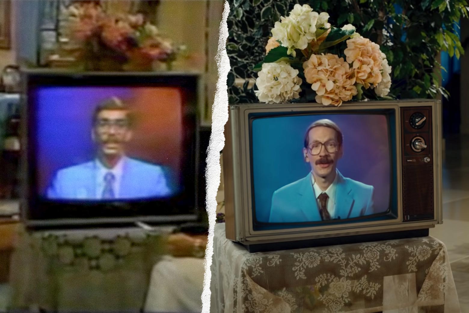 Two TV screens showing men in blue suits talking straight to the camera.
