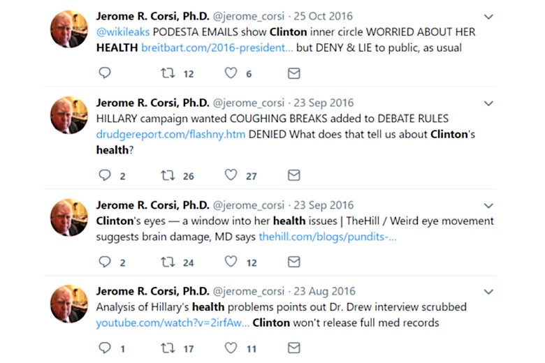 Screenshot of Jerome Corsi tweets concerning Hillary Clinton's health.