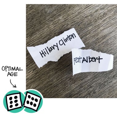 Scraps of paper that say Hillary Clinton and Fat Albert.