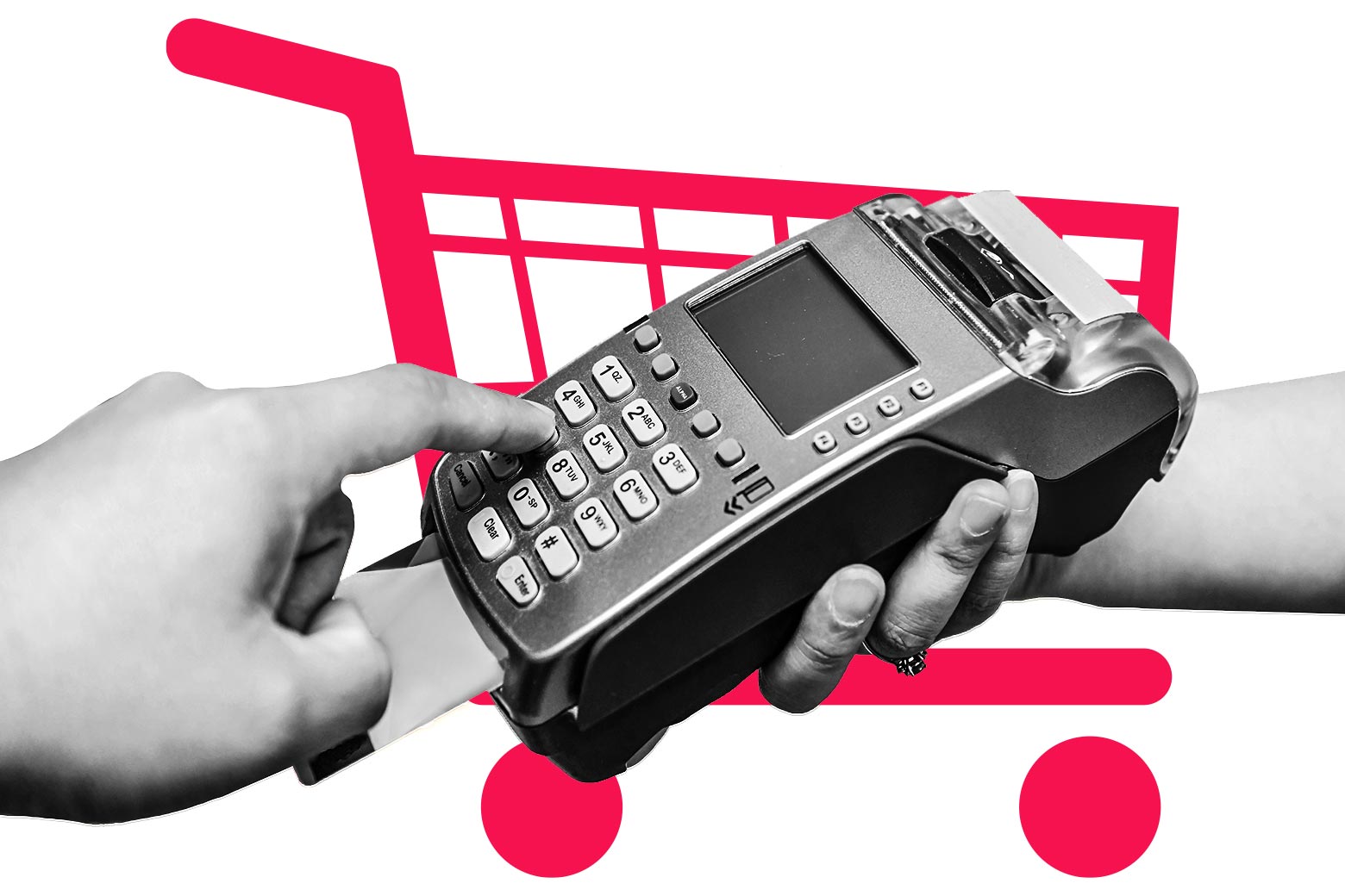 A finger points at a credit card processing machine in front of an illustration of a shopping cart.