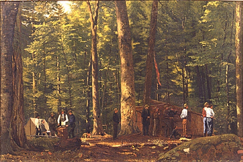 A painting depicting the figures of both Ralph Waldo Emerson (in the center, standing alone between two trees) and Ebenezer Rockwood Hoar in a camp in the Adirondack Mountains.