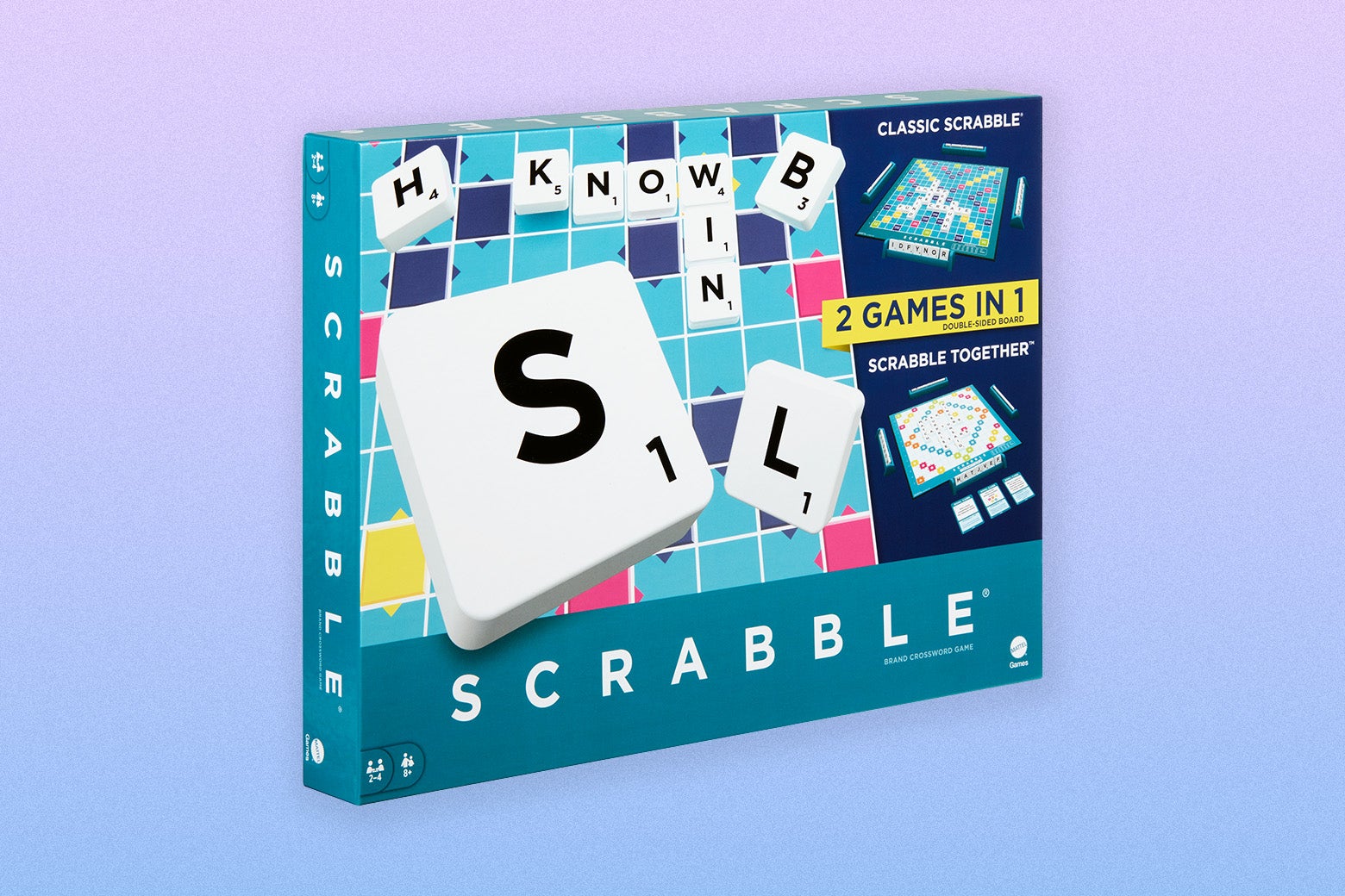 The game stands in its box, which reads Scrabble, but is more pastel-colored rather than the usual red. The dominant color is teal.