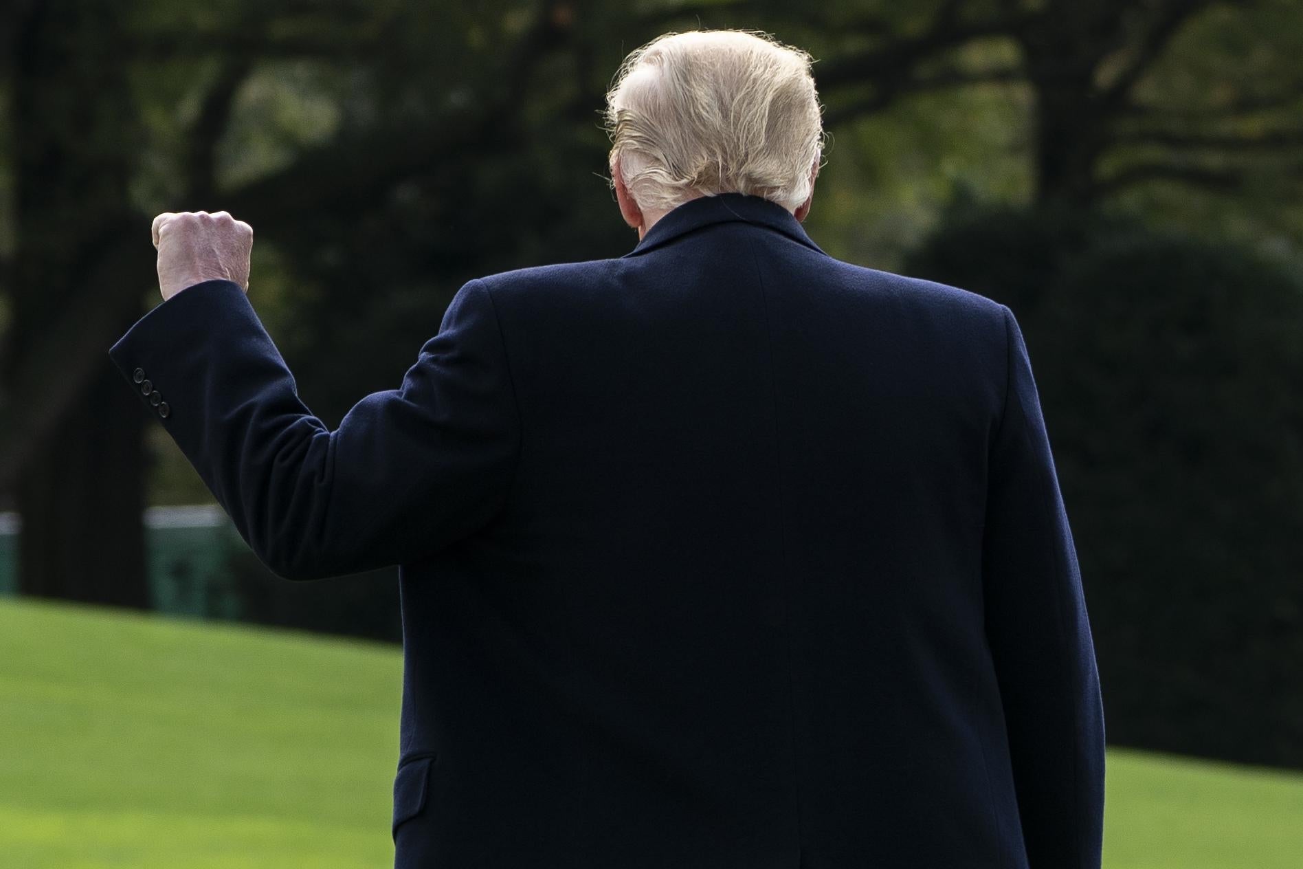 Trump seen from the back as he walks across the White House lawn raising his left fist