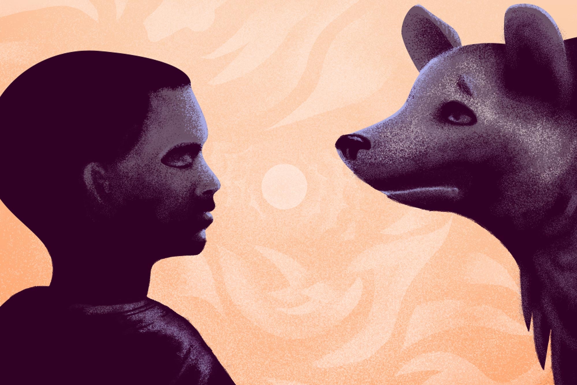 Illustration of a boy and a hyena looking at one another  in silhouette. 