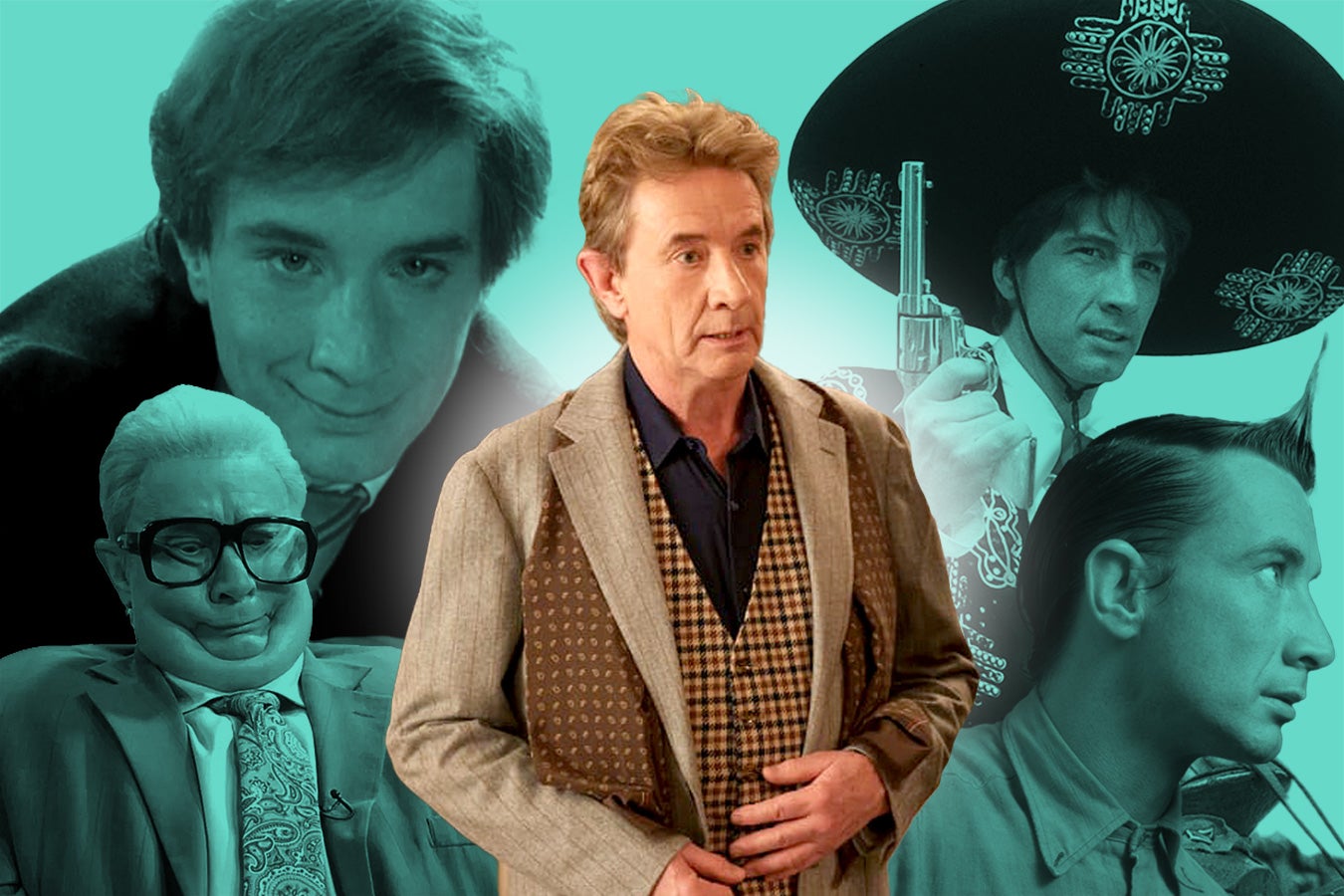 A collection of Martin Short's characters over the years: Oliver Putnam over a green-tinted background of Jiminy Glick, Ed Grimley, and others.