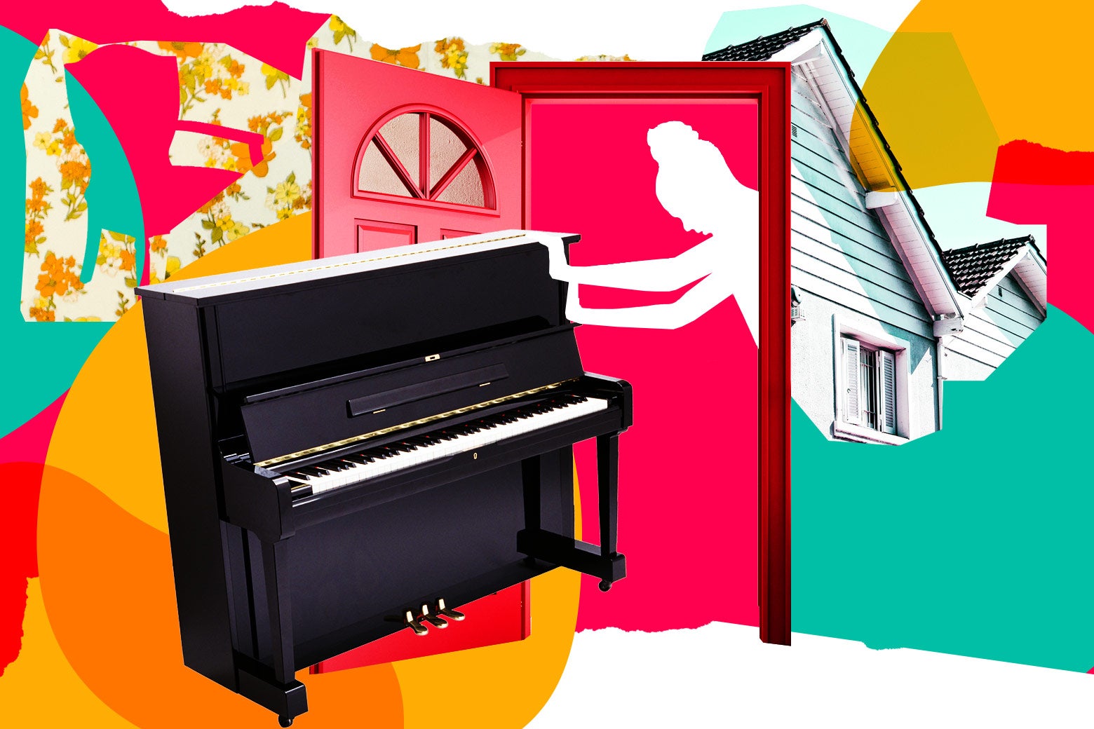 Collage of woman pushing a piano through a doorway.