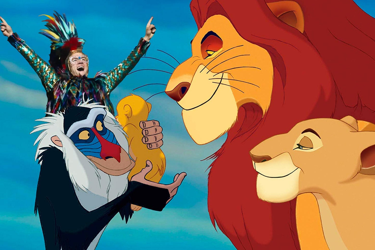 Photo illustration of Taron Egerton in Rocketman and The Lion King.