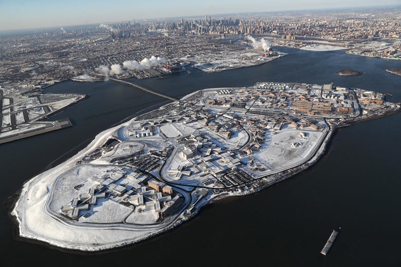 Rikers Island jail complex stands under a blanket of snow on January 5, 2018 in the Bronx borough of New York City. 