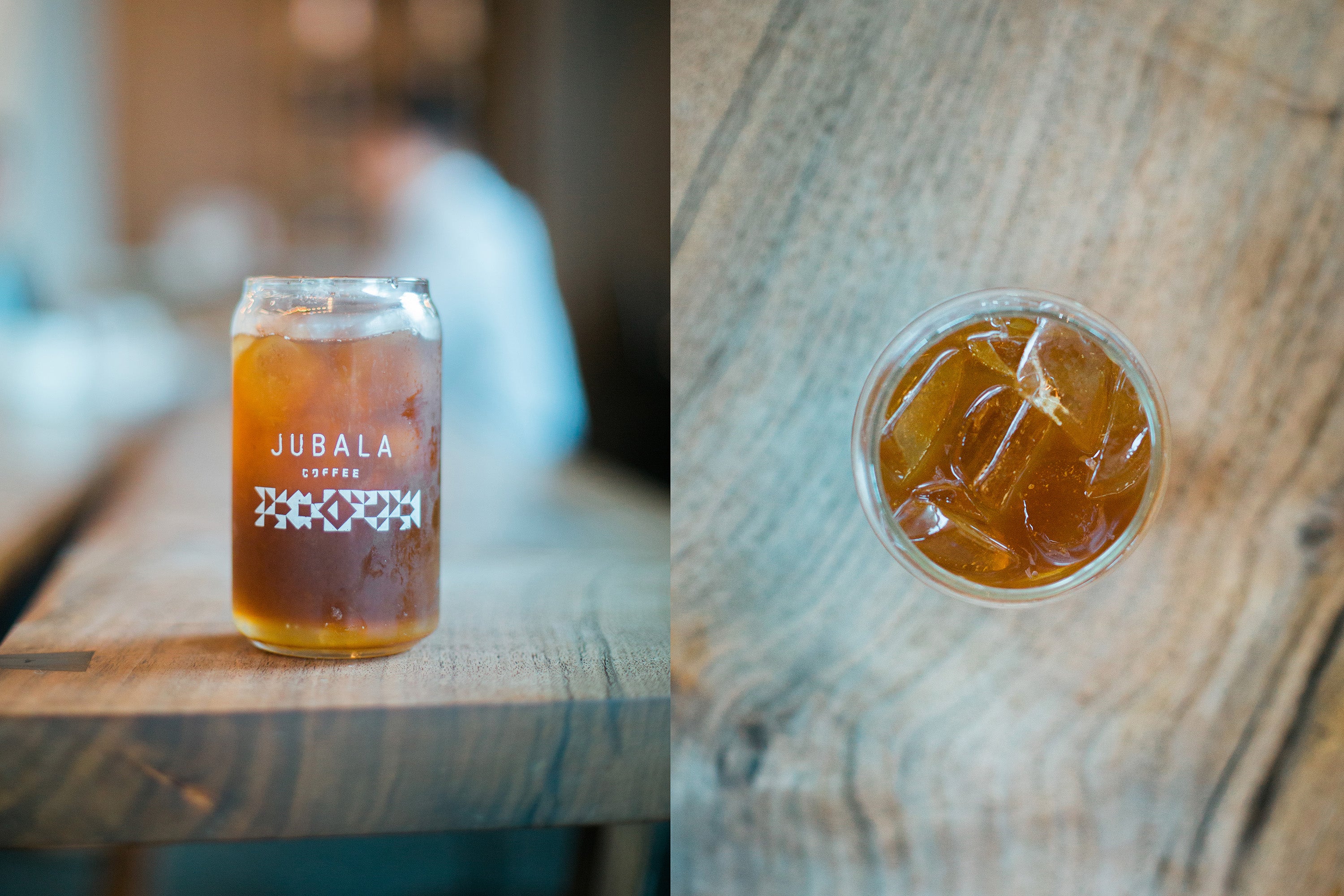 A diptych photo, one side showing a jar of coffee lemonade, the second showing the drink from above.