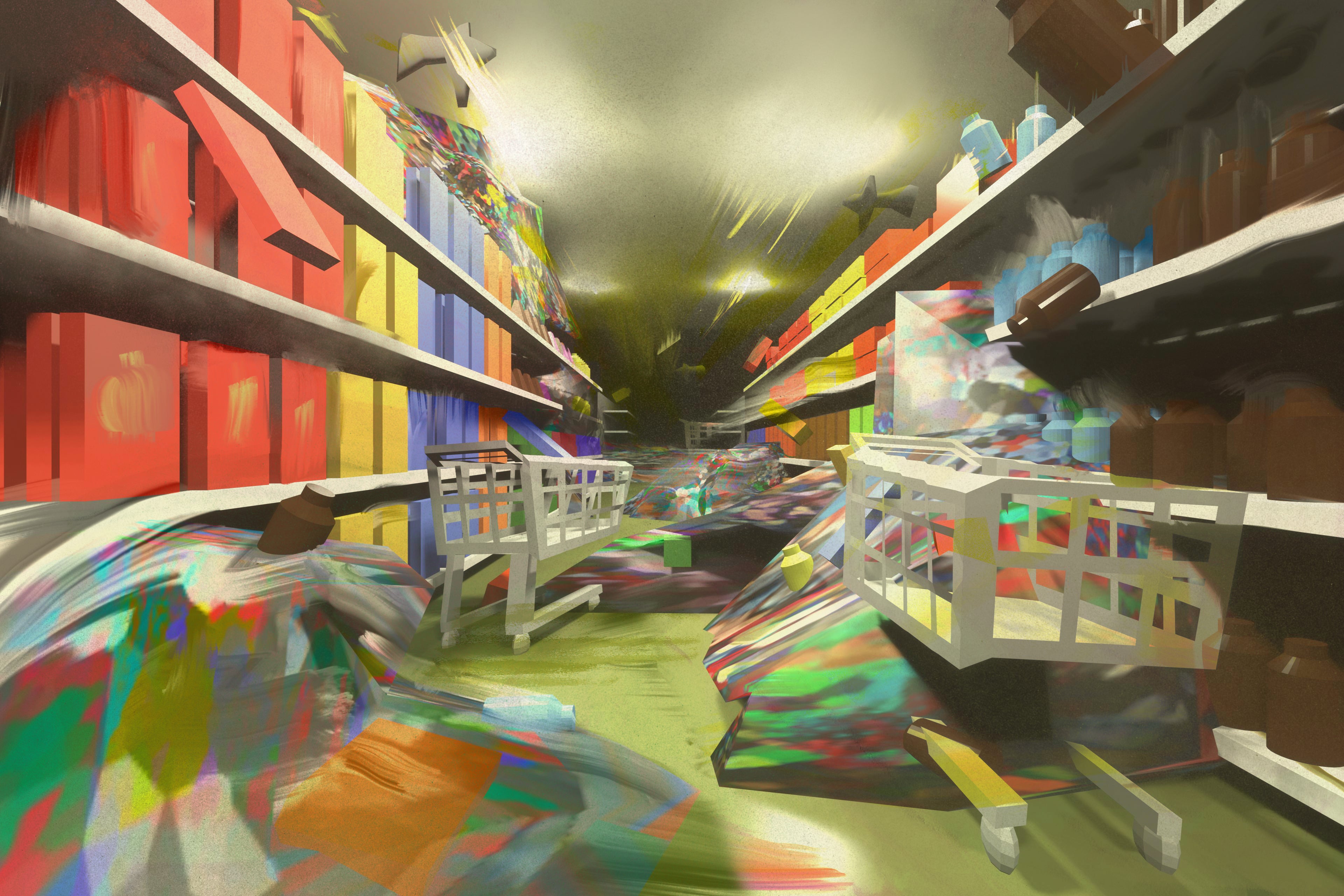 A brightly colored aisle of a store with various objects jumping off the shelves into shopping carts.