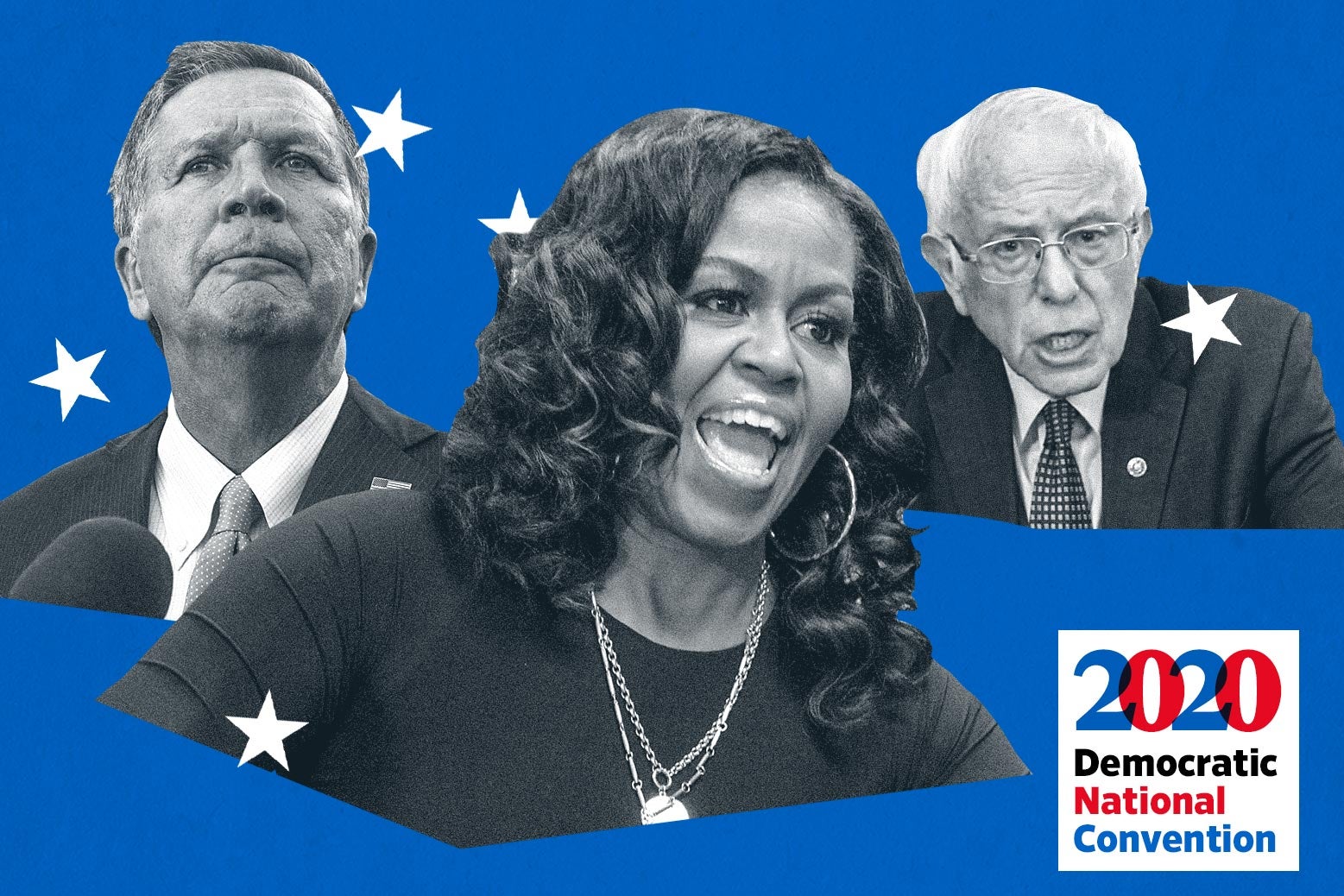 From left to right: John Kasich's floating head, Michelle Obama's floating head, Bernie Sanders' floating head with a Democratic 2020 convention logo.