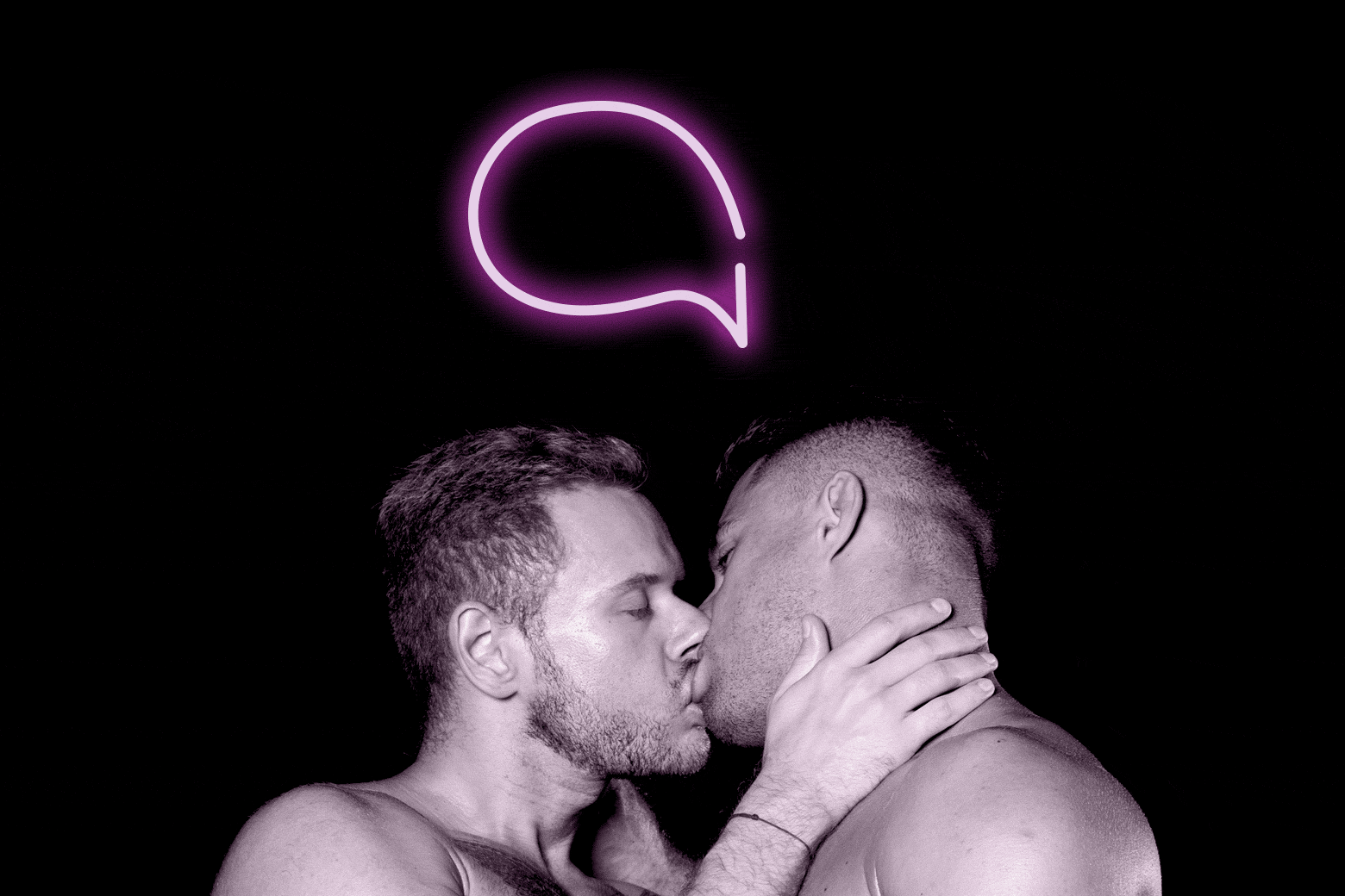 Two men kiss with a speech bubble for "safe word" above their heads.
