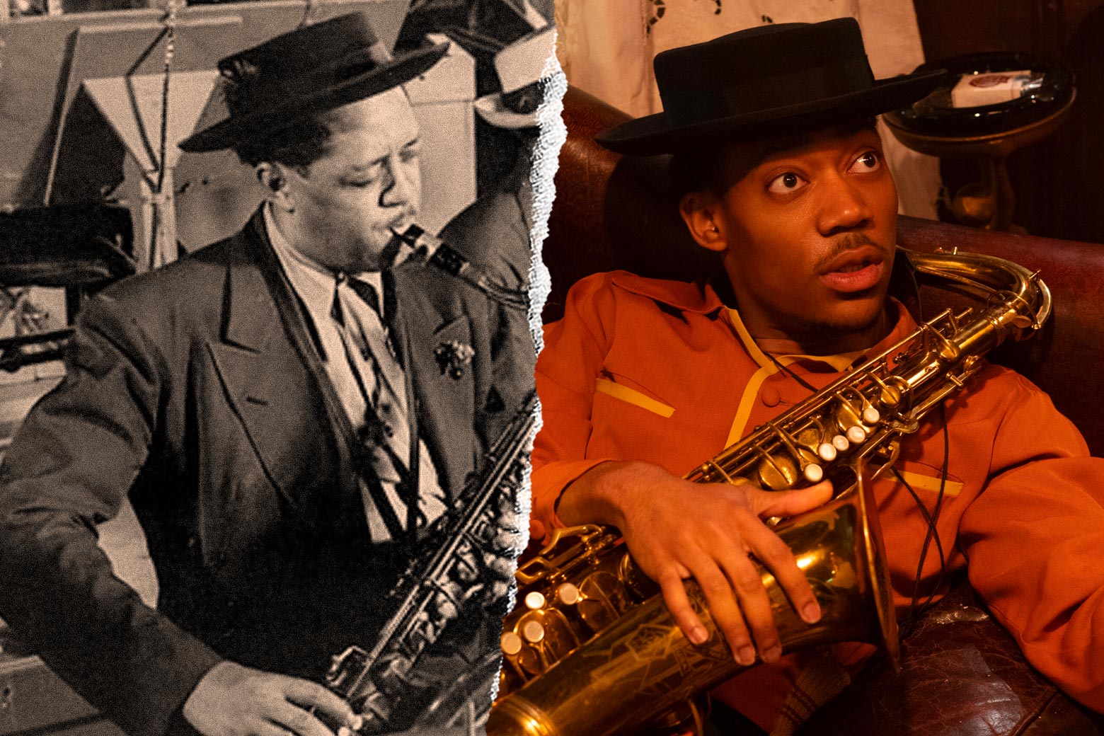 Lester Young and Tyler James Williams, each with a saxophone in hand.