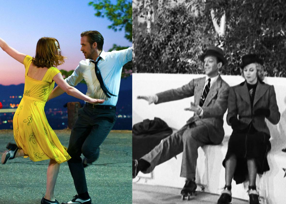 Left: Emma Stone and Ryan Gosling in La La Land. Right: Fred Astaire and Ginger Rogers in Shall We Dance.