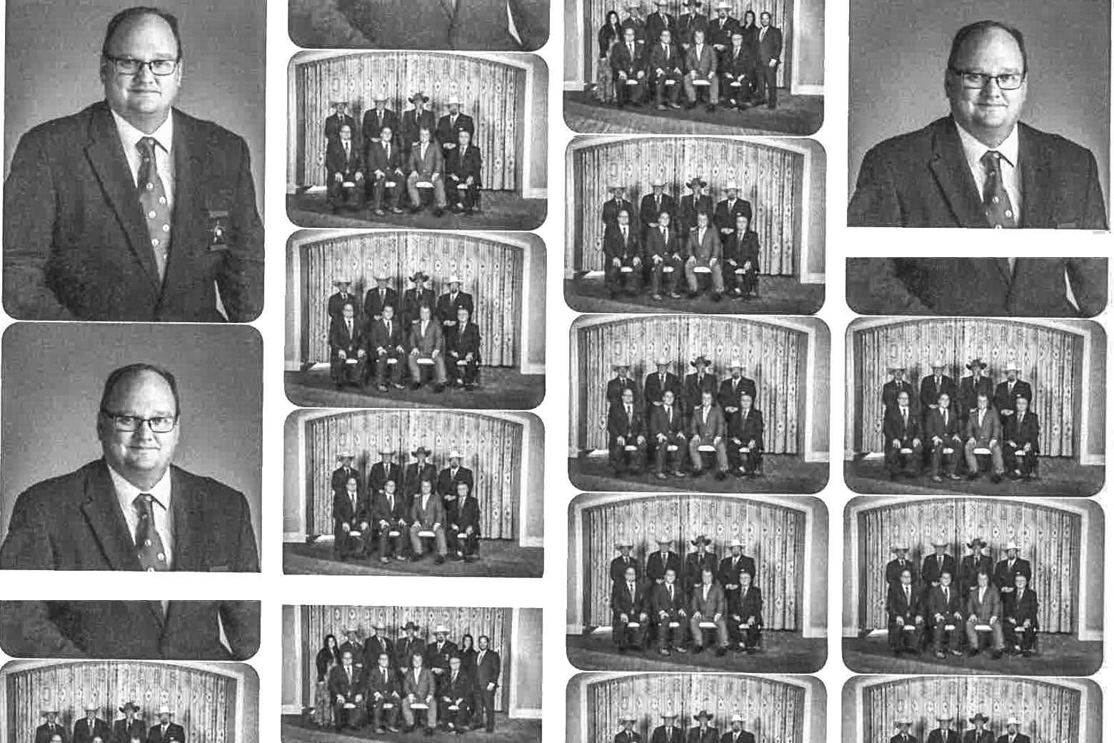 Black and white grainy photos of sheriffs in suits, some wearing cowboy hats, all white Men.