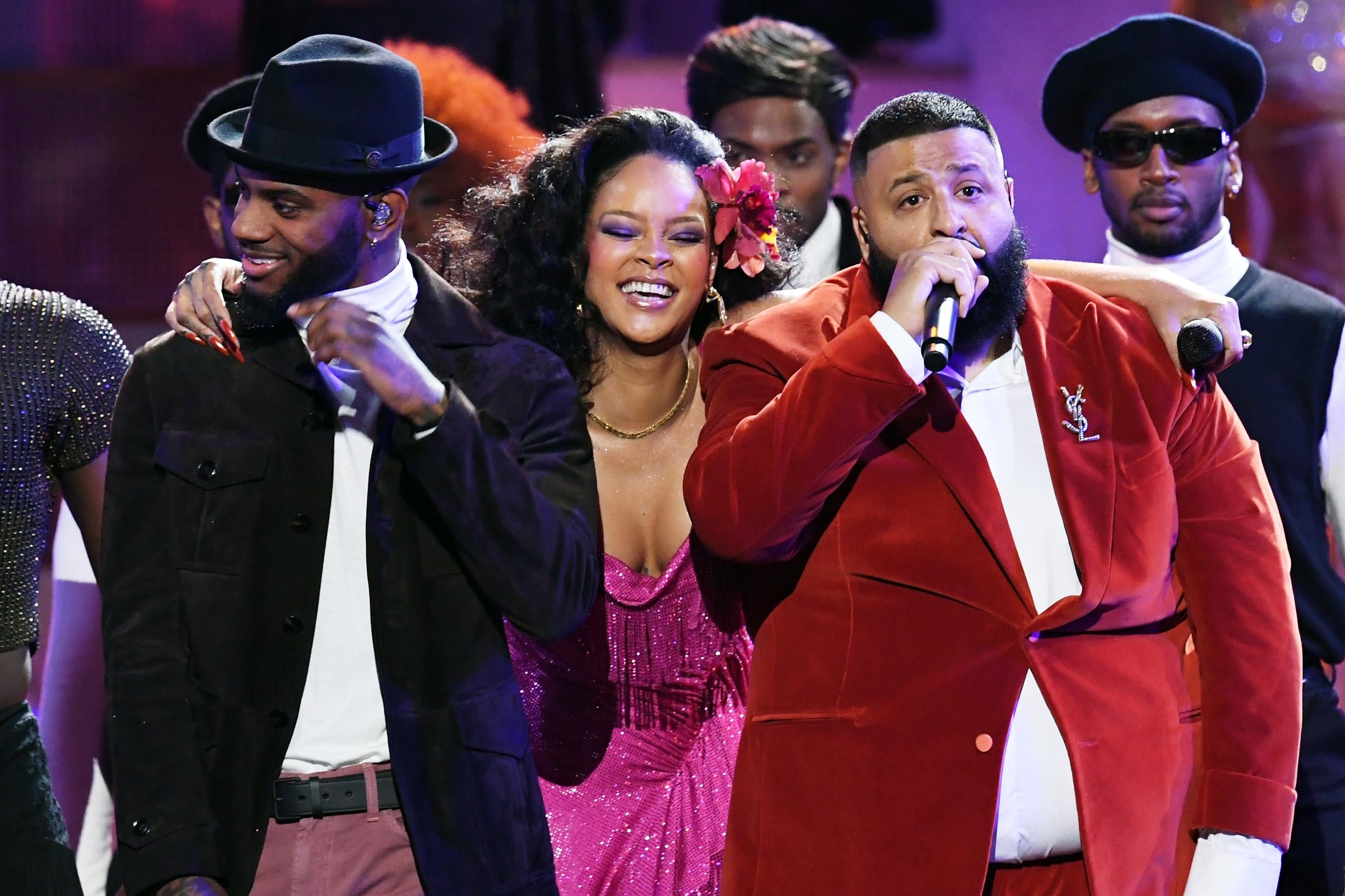 Bryson Tiller, Rihanna and DJ Khaled perform onstage during the 60th Annual GRAMMY Awards at Madison Square Garden on January 28, 2018 in New York City.