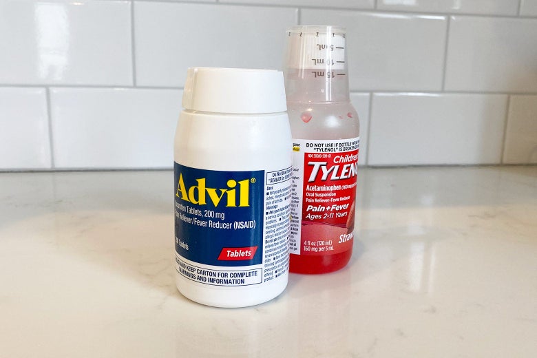 A bottle of Advil and a bottle of children’s Tylenol.