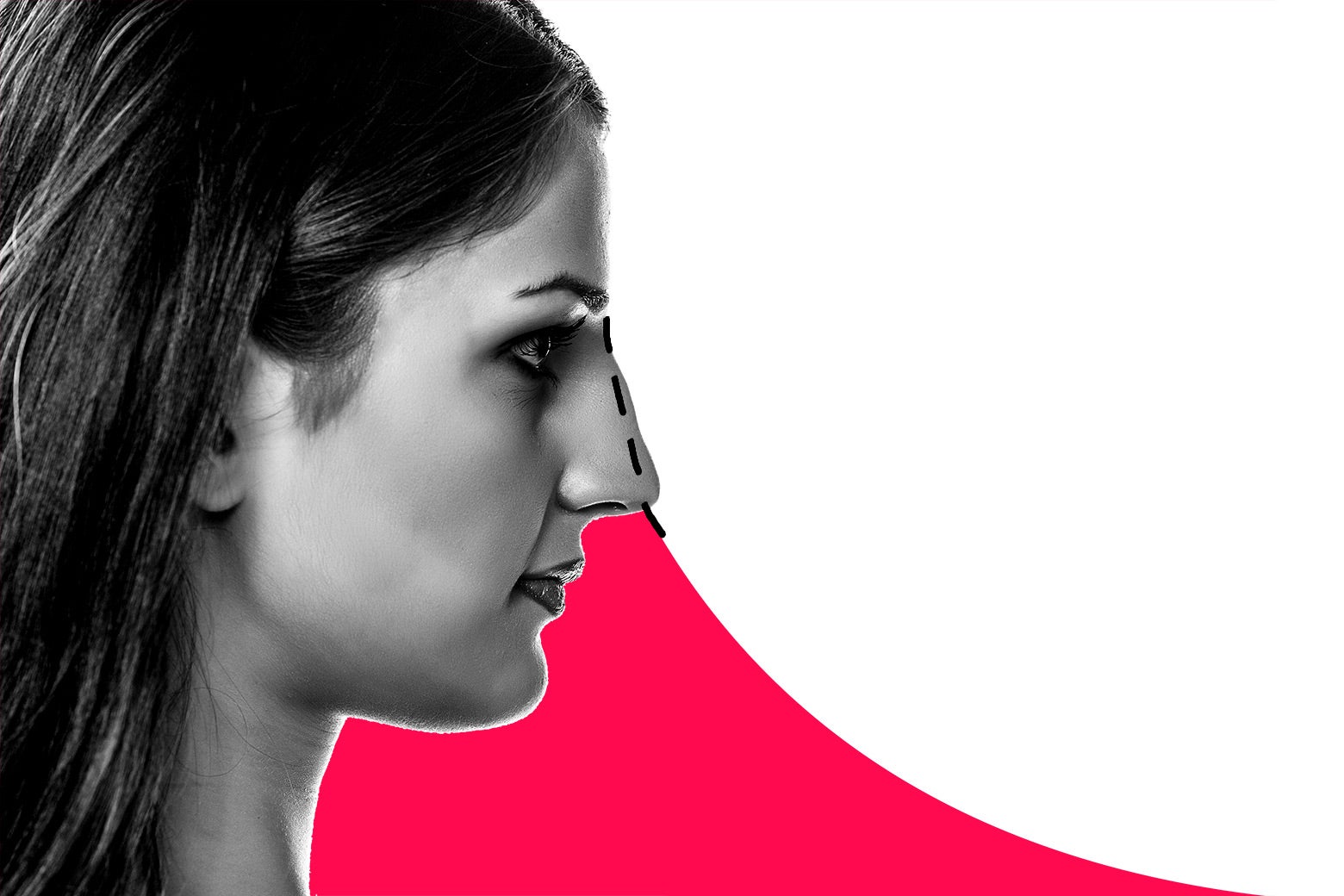 A woman's side profile with a dashed line across it.