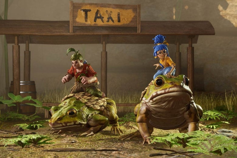 A man (with green hair) and a woman (with blue hair and glasses) each sit on top of large frogs that are stationed at a taxi pen. They are in a large forest. 