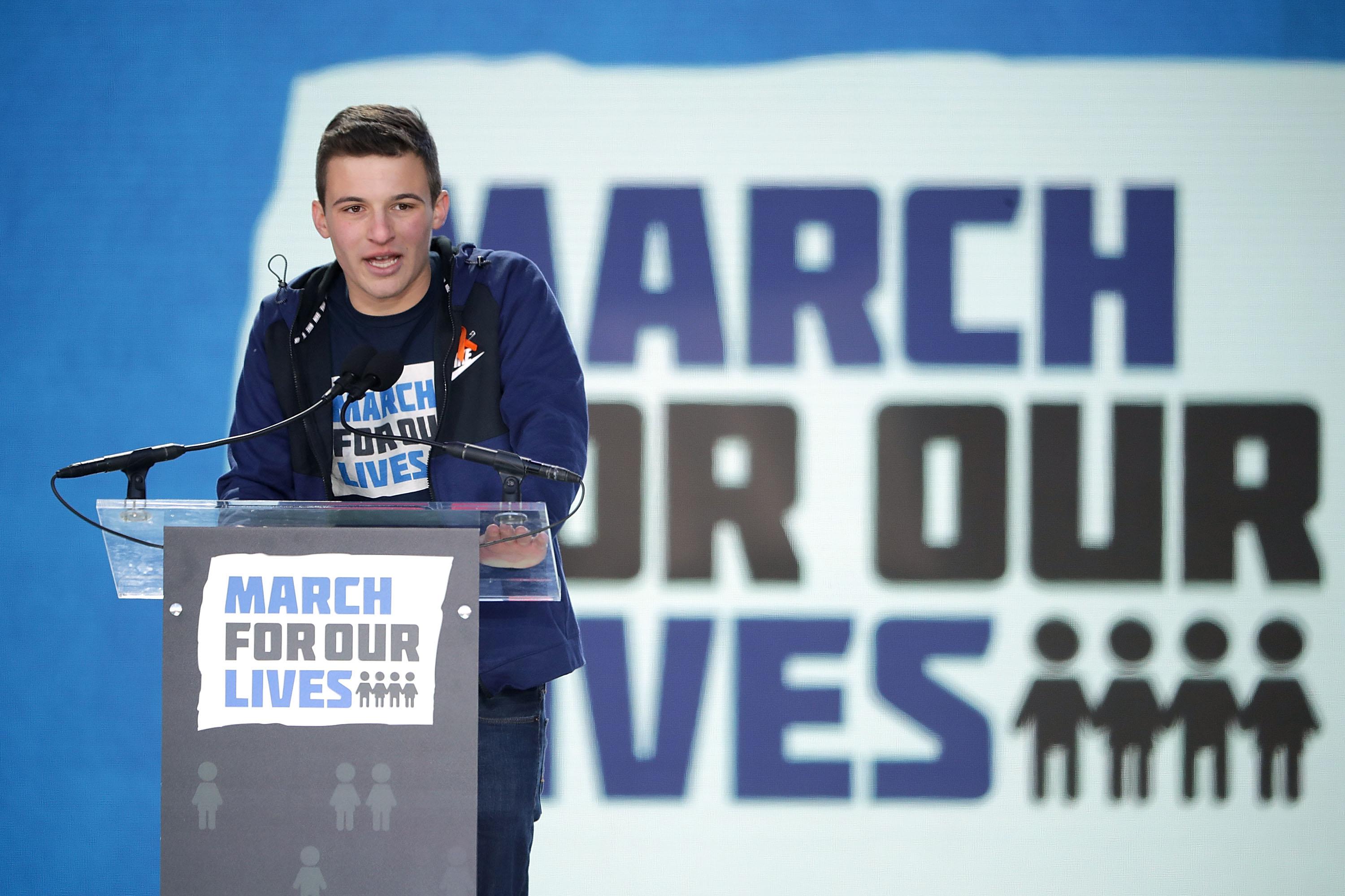 Marjory Stoneman Douglas High School Student Cameron Kasky addresses the March for Our Lives rally on March 24, 2018 in Washington, D.C. 