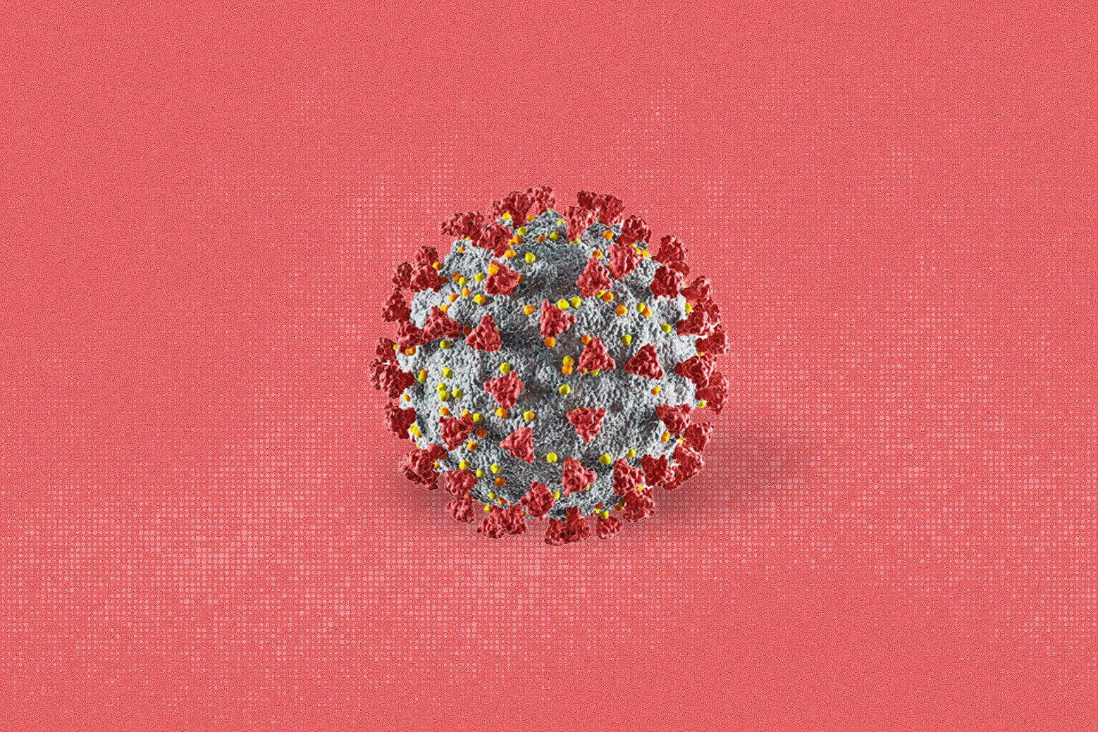 A COVID spike protein against a red background.