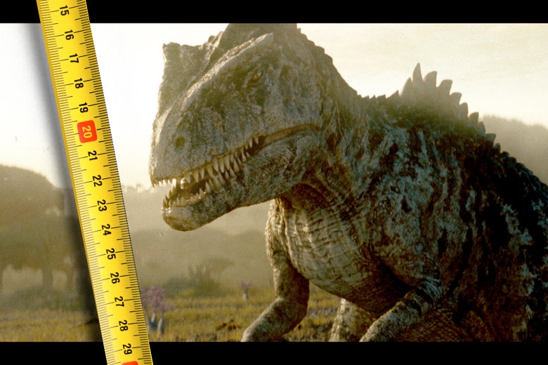 A measuring tape superimposed on a still of a large, angry-looking dinosaur from the movie Jurassic World