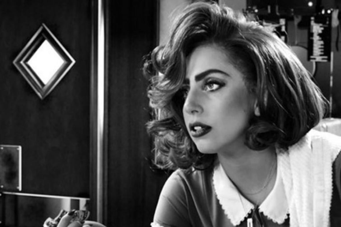 A black-and-white image of Lady Gaga in American Horror Story.
