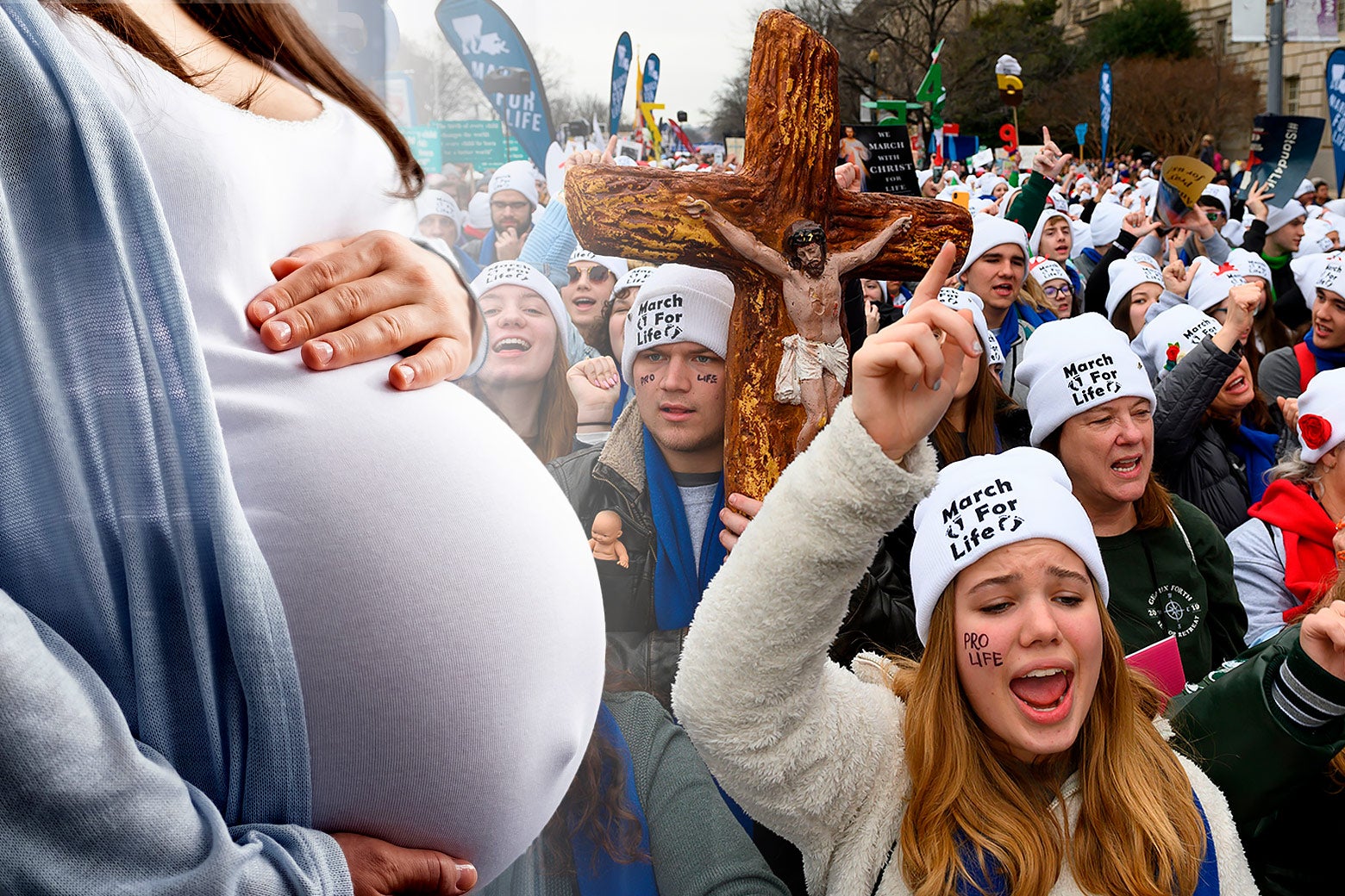 A pregnant woman juxtaposed with a pro-life rally.