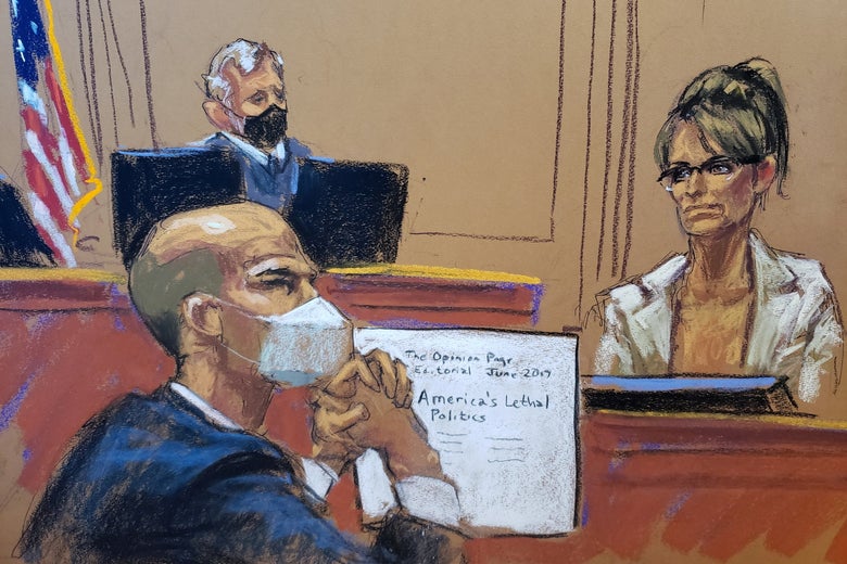 Courtroom sketch of Palin in the witness stand and Bennet in a mask sitting with his hands clasped in front of him in the foreground