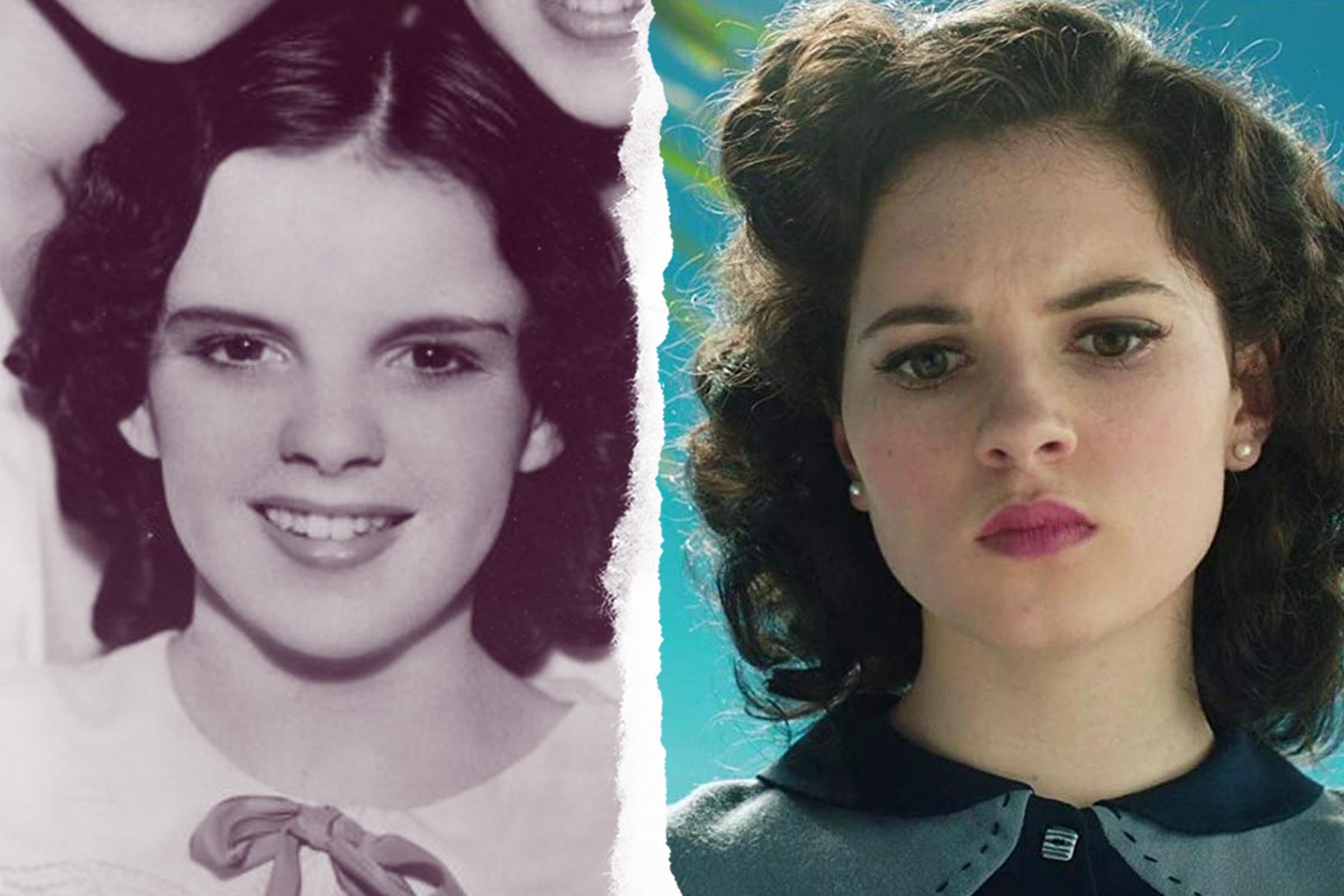 Side-by-side of young Judy Garland, and Darci Shaw as young Judy Garland in the movie Judy.