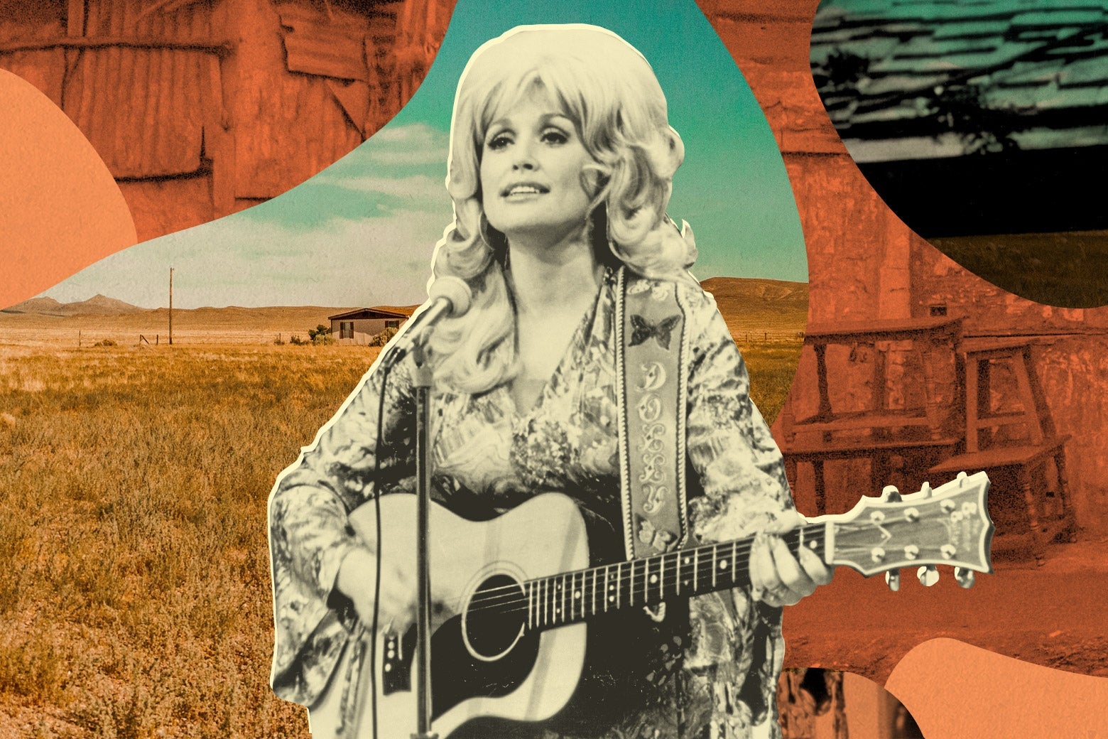 Dolly Parton with an acoustic guitar and incredible head of hair in 1974, shown before a rural landscape with a shack in it, a field, and weathered wooden home structures