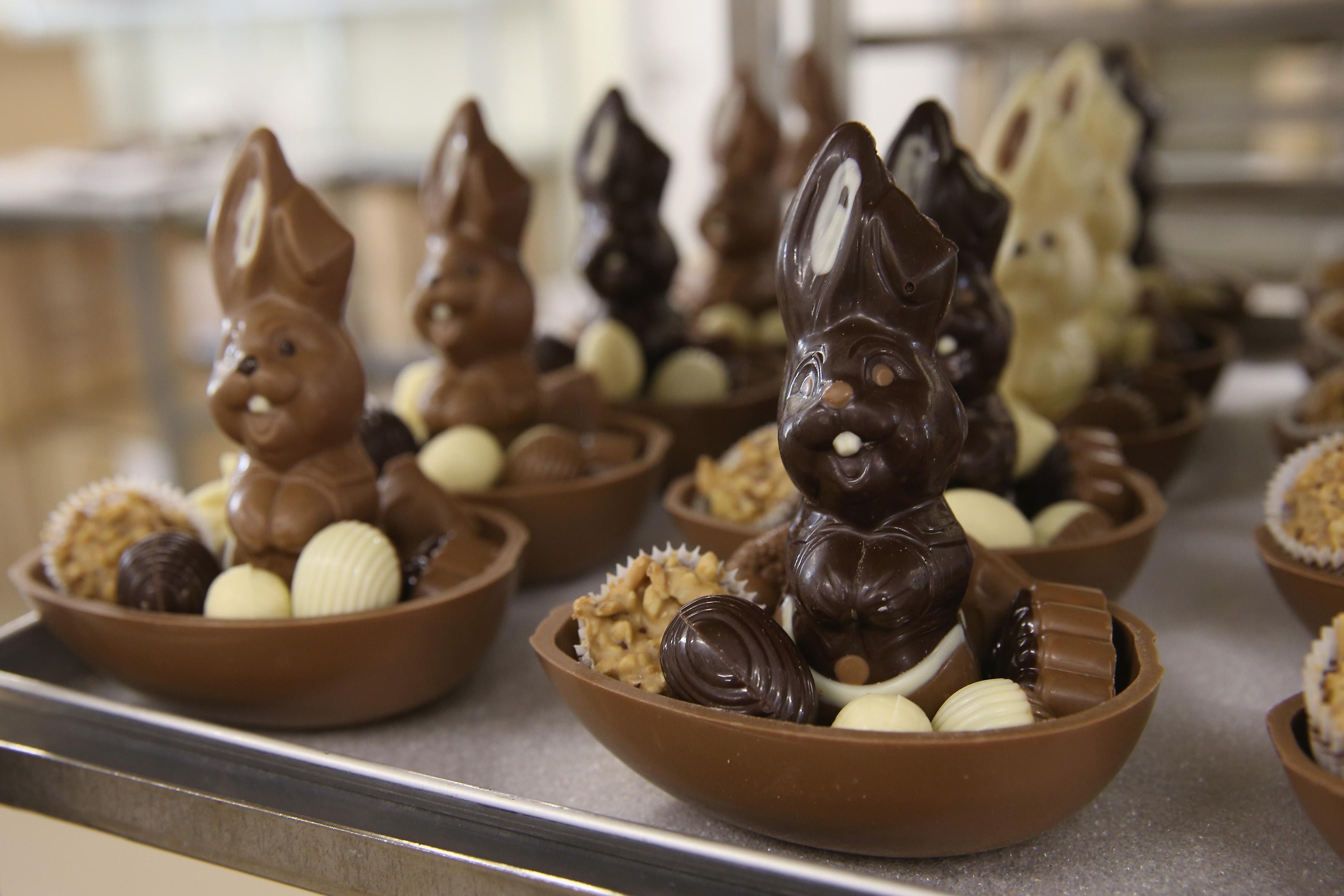 Chocolate Easter bunnies and eggs.