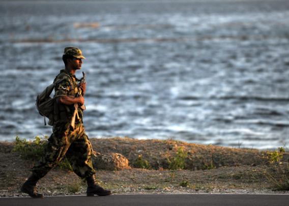A Sri Lankan army trooper patrols the island's northern town of Jaffna.