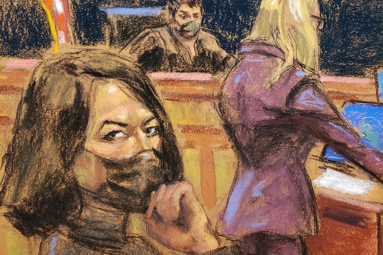 A sketch of Ghislaine Maxwell in court.