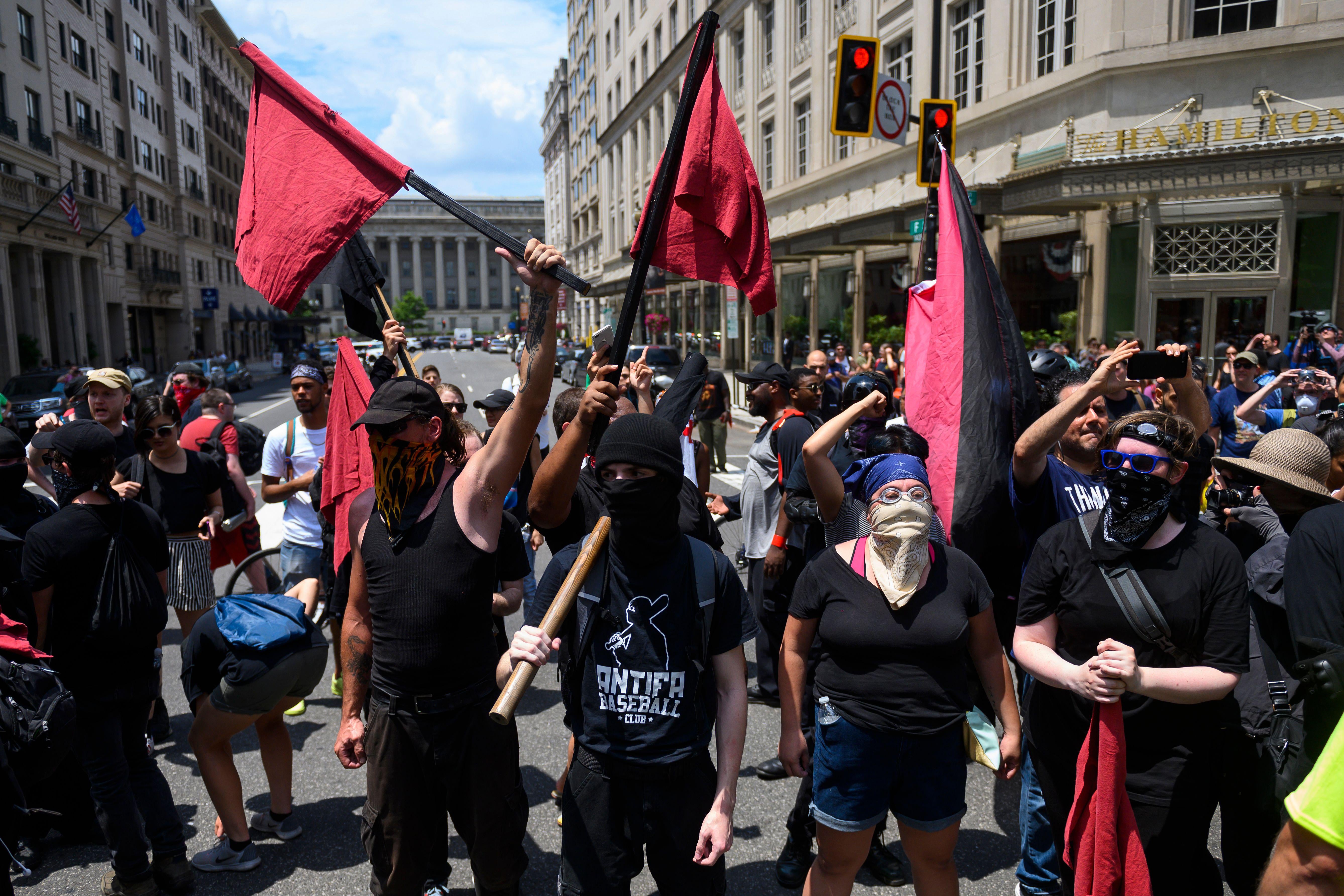 Antifa activists in black shirts and masks in downtown Washington.