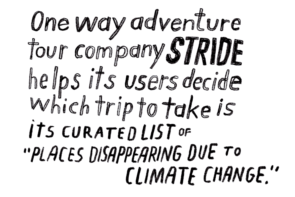 Animation describing a travel agency curating trips based on environments threatened by climate change.