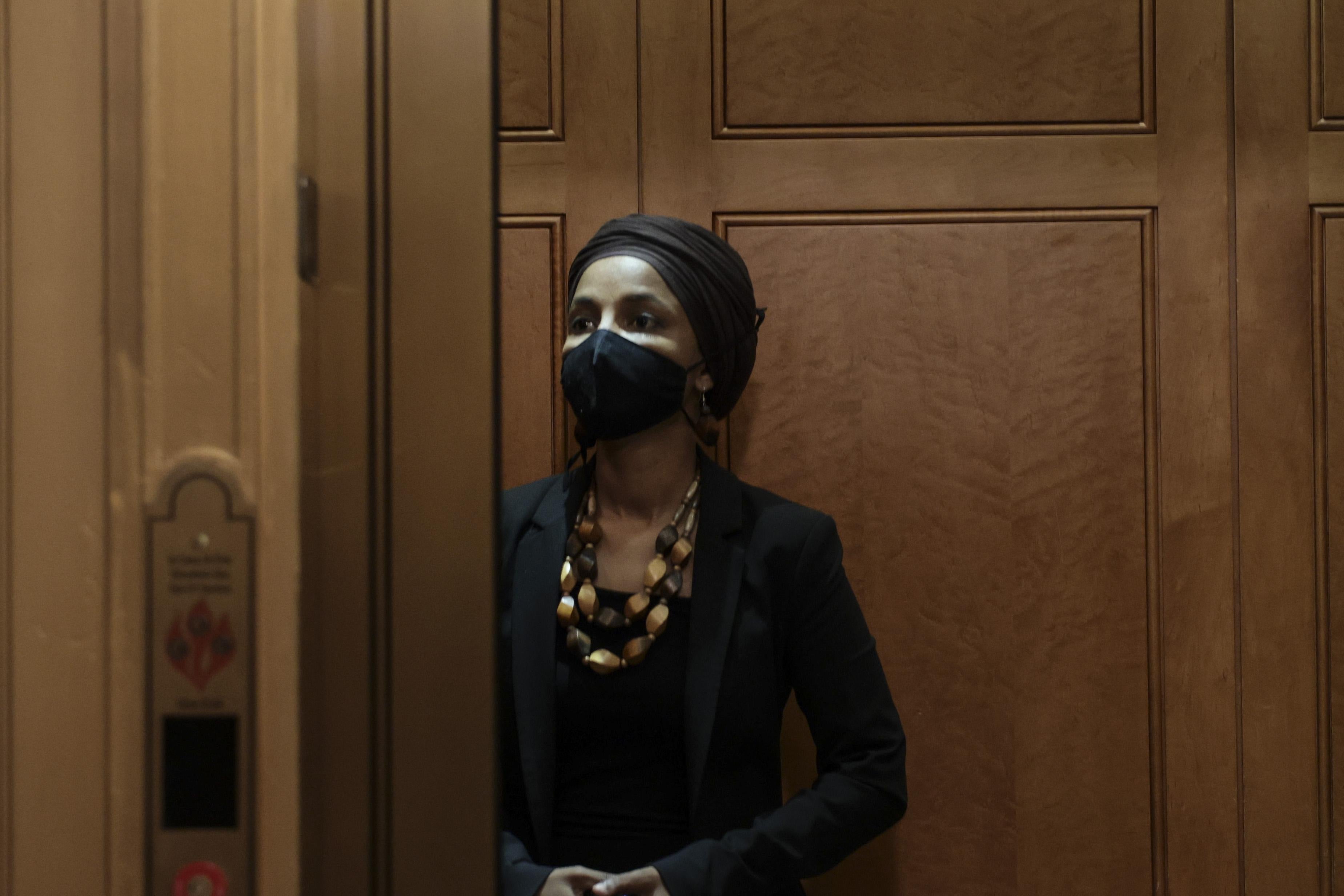 Rep. Ilhan Omar (D-MN) rides in an elevator outside the House Chambers of the U.S. Capitol on October 12, 2021 in Washington, D.C.