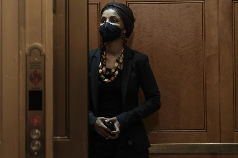 Rep. Ilhan Omar (D-MN) rides in an elevator outside the House Chambers of the U.S. Capitol on October 12, 2021 in Washington, D.C.