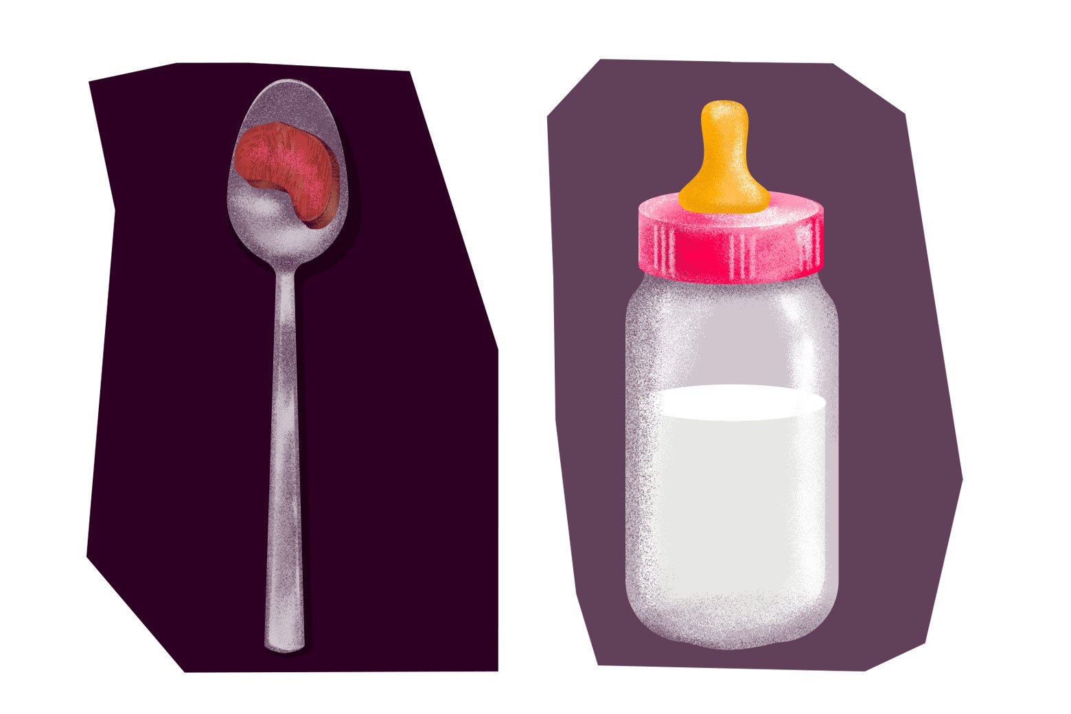 Illustration: a spoonful of meat and a baby bottle.