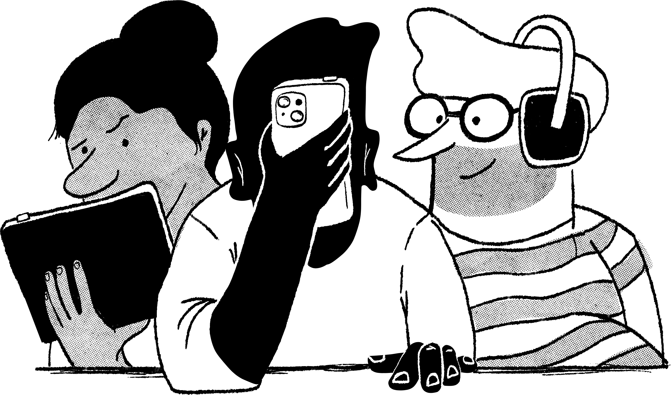 Three Slate fans reading and listening to Slate