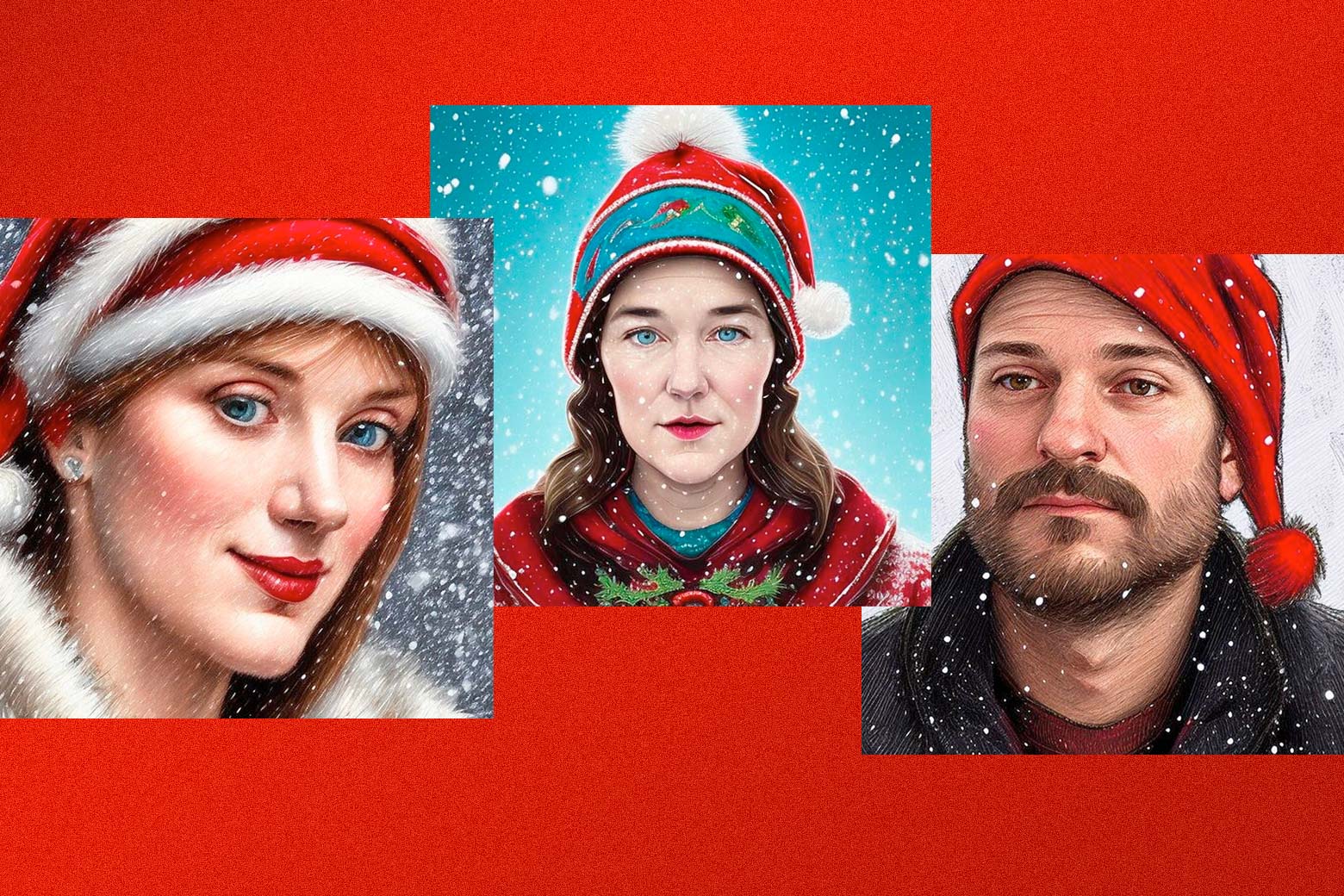 Christmas themed images of the Culture Gabfest hosts as generated by Lensa