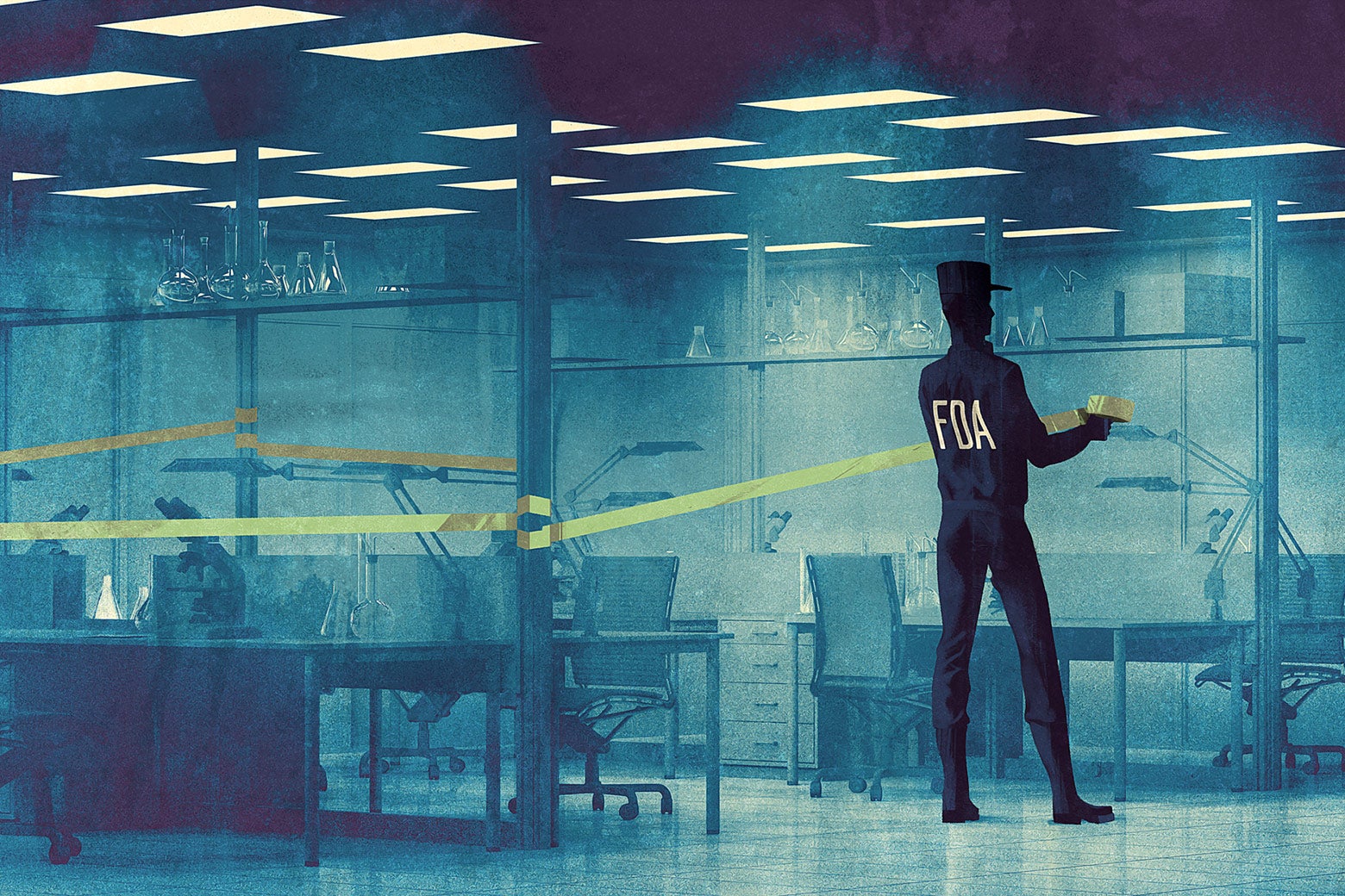An illustration of an FDA agent closing off a lab with yellow tape.