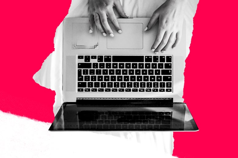 Photo illustration of a woman on a laptop.