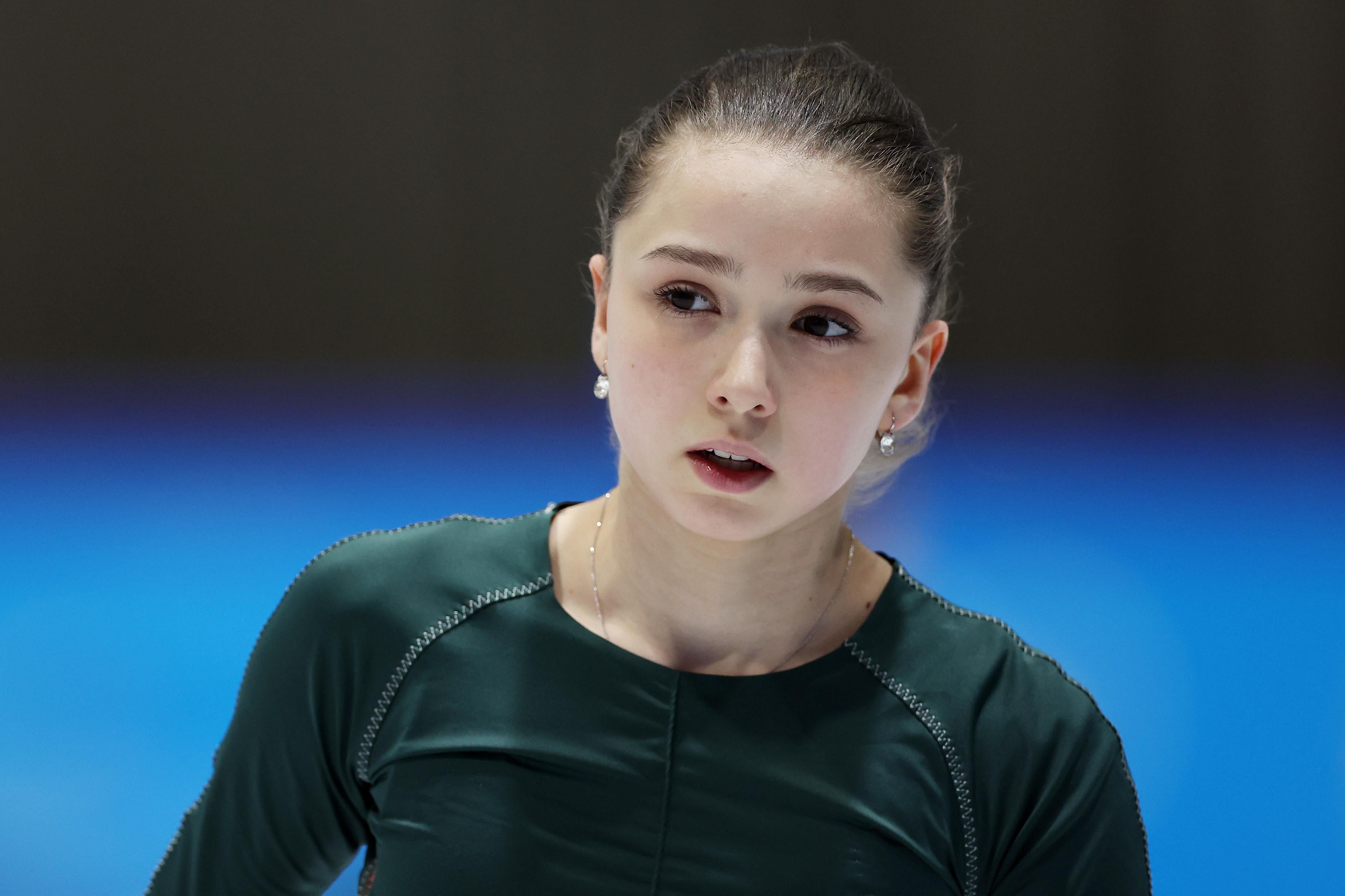 Valieva looking concerned as she skates