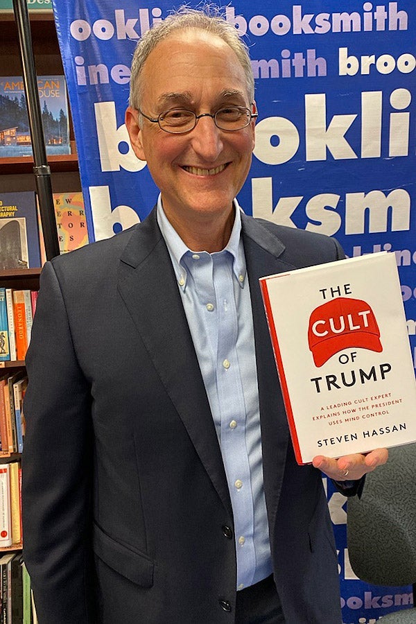 Hassan at his local bookstore, Brookline Booksmith, giving his first talk for The Cult of Trump, October 2019.
